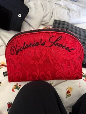 Victoria's Secret Red Lace Cosmetic Pouch with Black Script